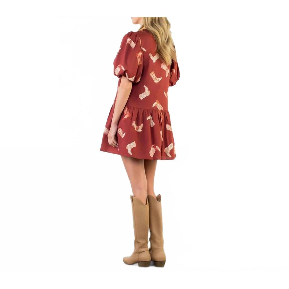 NEW THML puff sleeve boots print dress in burgundy - Picture 4 of 5